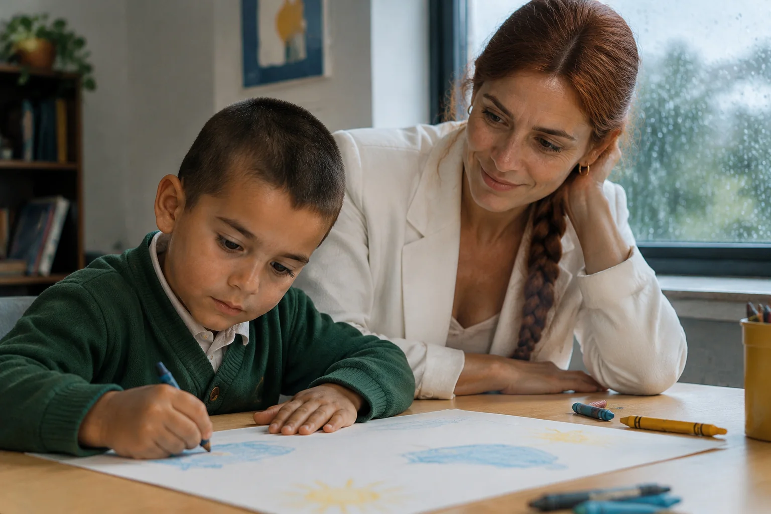 Yeşil okul hırkalı, kısa saçlı beş yaşındaki bir erkek çocuk büyük bir kâğıda pastel boyalarla resim yaparken, uzun örgülü bakır saçlı ve beyaz ceketli bir psikolog yanında dikkatle izliyor