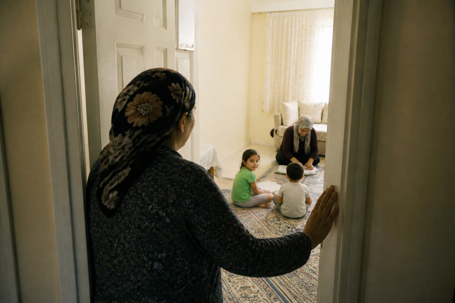 Güneşli bir odaya açılan aralık bir kapı ve içeriden taşan sıcak ışık